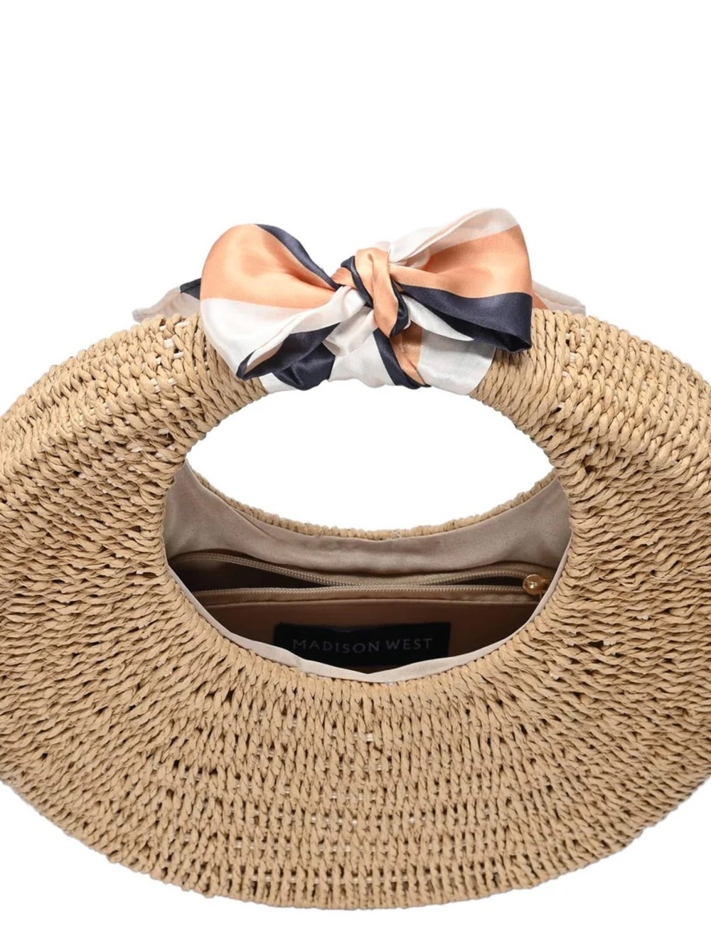 Woven Round Straw Tote with Peach & Navy Bow - Picture 4 of 4